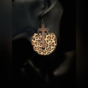 Laser cut wood earring with cross accent and animal print design 3.5” drop